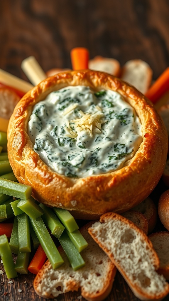 A bread bowl filled with creamy spinach dip, served with vegetable sticks and bread pieces on a rustic table.